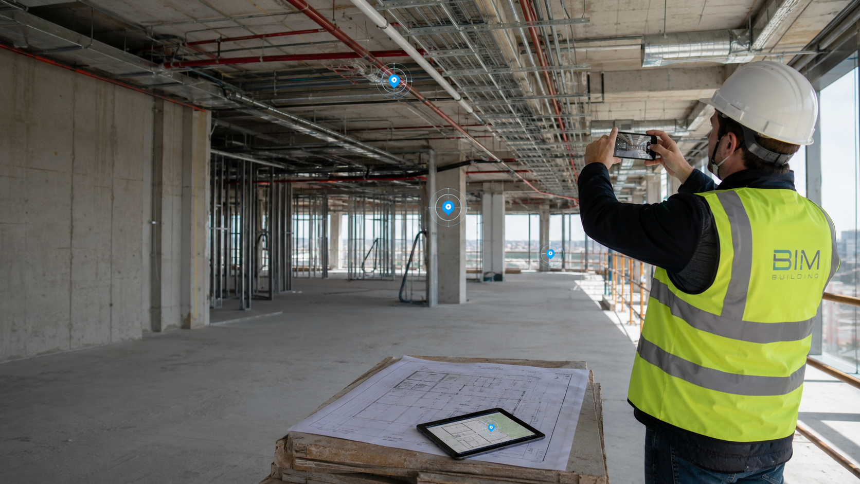 Site technician documenting an area with a smartphone while a drawing and a light visual layer show the spatial placement of construction photos.
