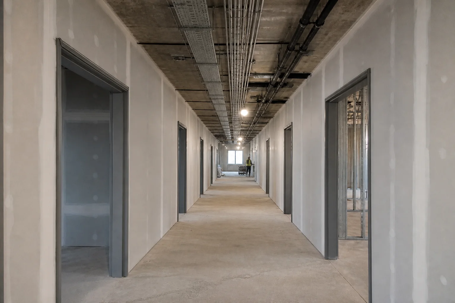 Même couloir et même encadrement des semaines plus tard avec plaques et cadres installés