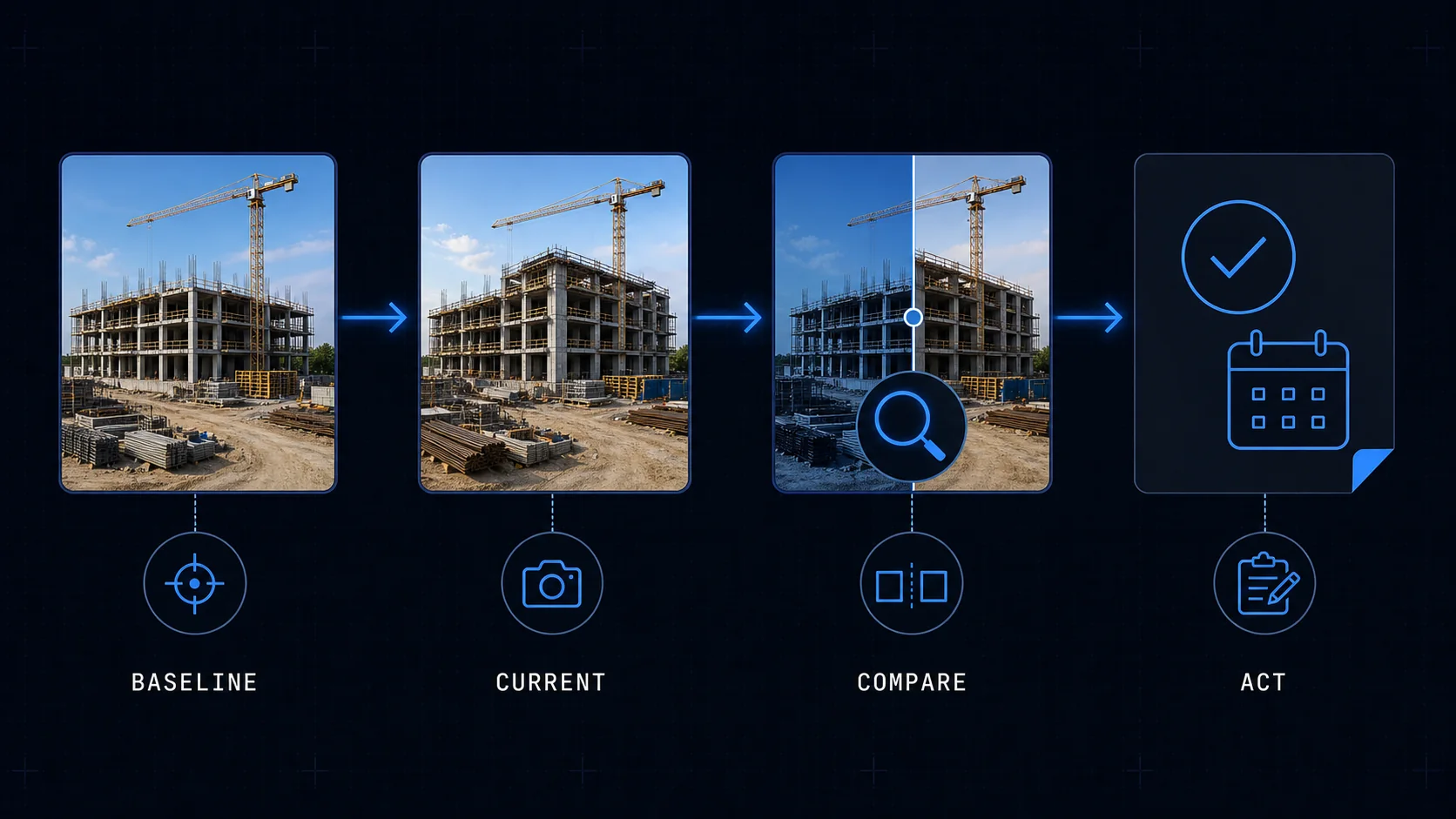 Aperçu de l'évaluation des progrès : référence précédente, photo actuelle, comparaison visuelle et action de suivi