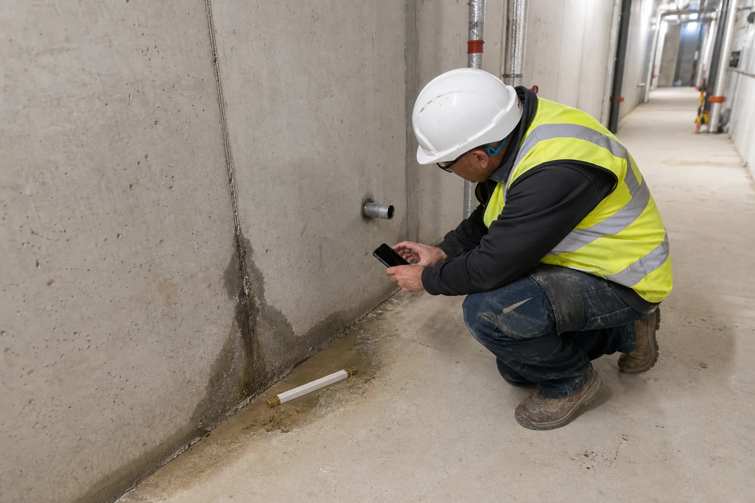 Inspecteur documentant une entrée d'eau située à la base d'un mur de béton avec référence de contexte et d'échelle