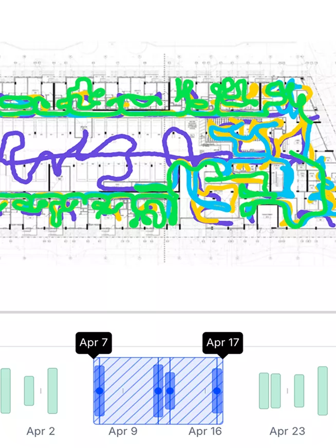 Offizieller Screenshot von OpenSpace mit über einen Plan eingeblendeten Baurouten und einer temporären Datumsauswahl