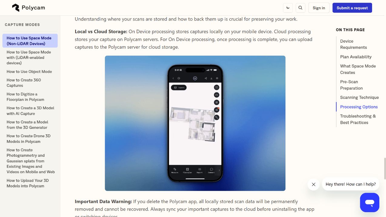 Screenshot der offiziellen Polycam-Hilfe mit der mobilen Schnittstelle Space Mode und einem Anlagenmodell