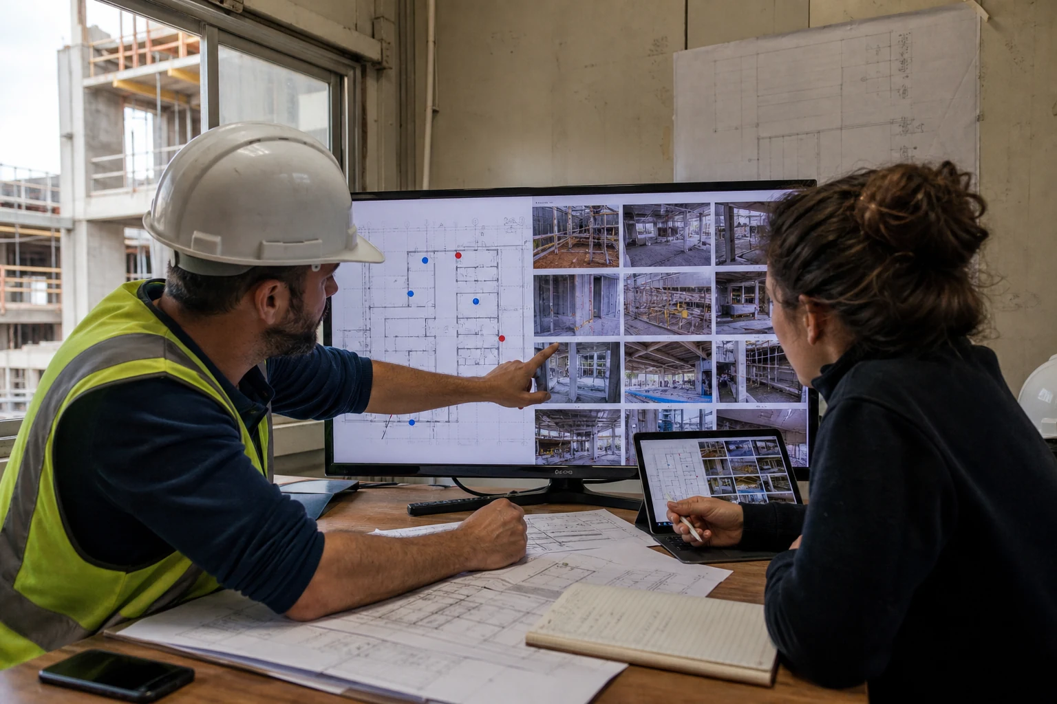 Dos profesionales revisando fotografías del proyecto vinculadas a un plano