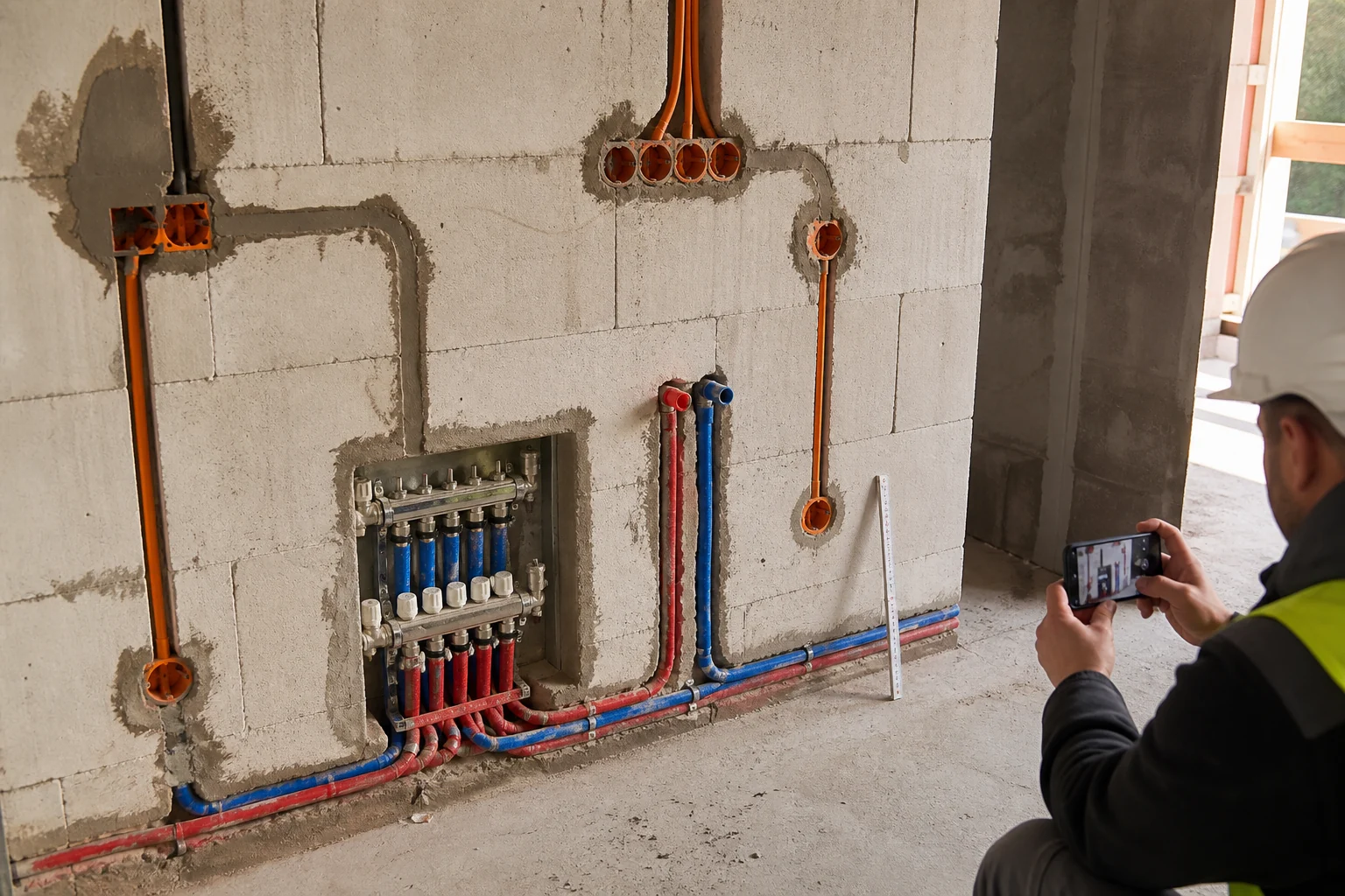 Technicien documentant des conduits électriques et tuyaux dans des saignées avant finition