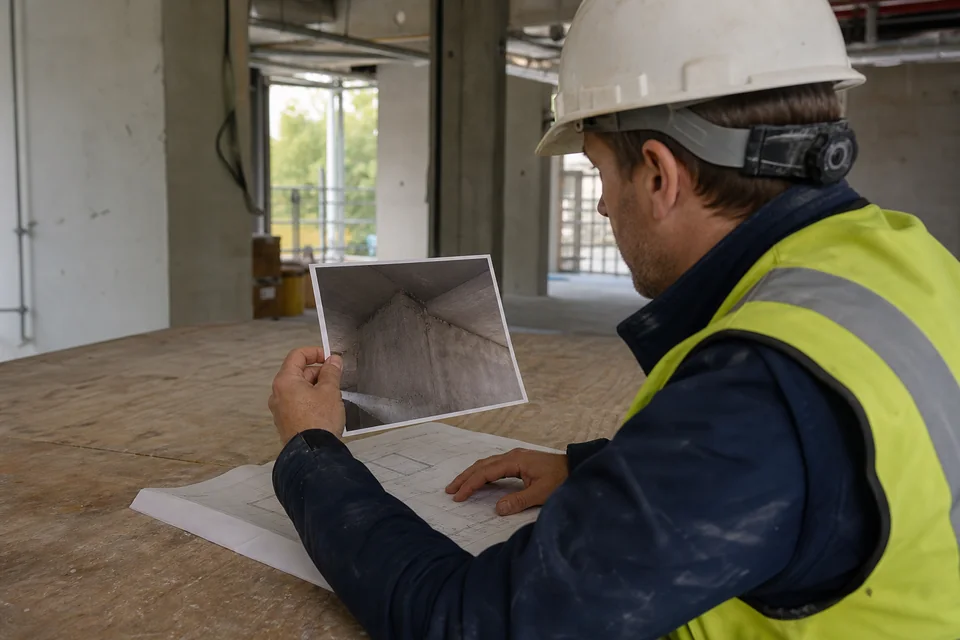 Técnico do local tentando localizar uma foto não documentada em um desenho
