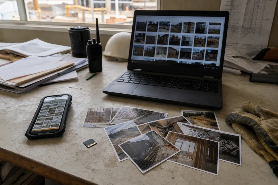 Fotos de construção espalhadas por um telefone, um computador e cópias impressas