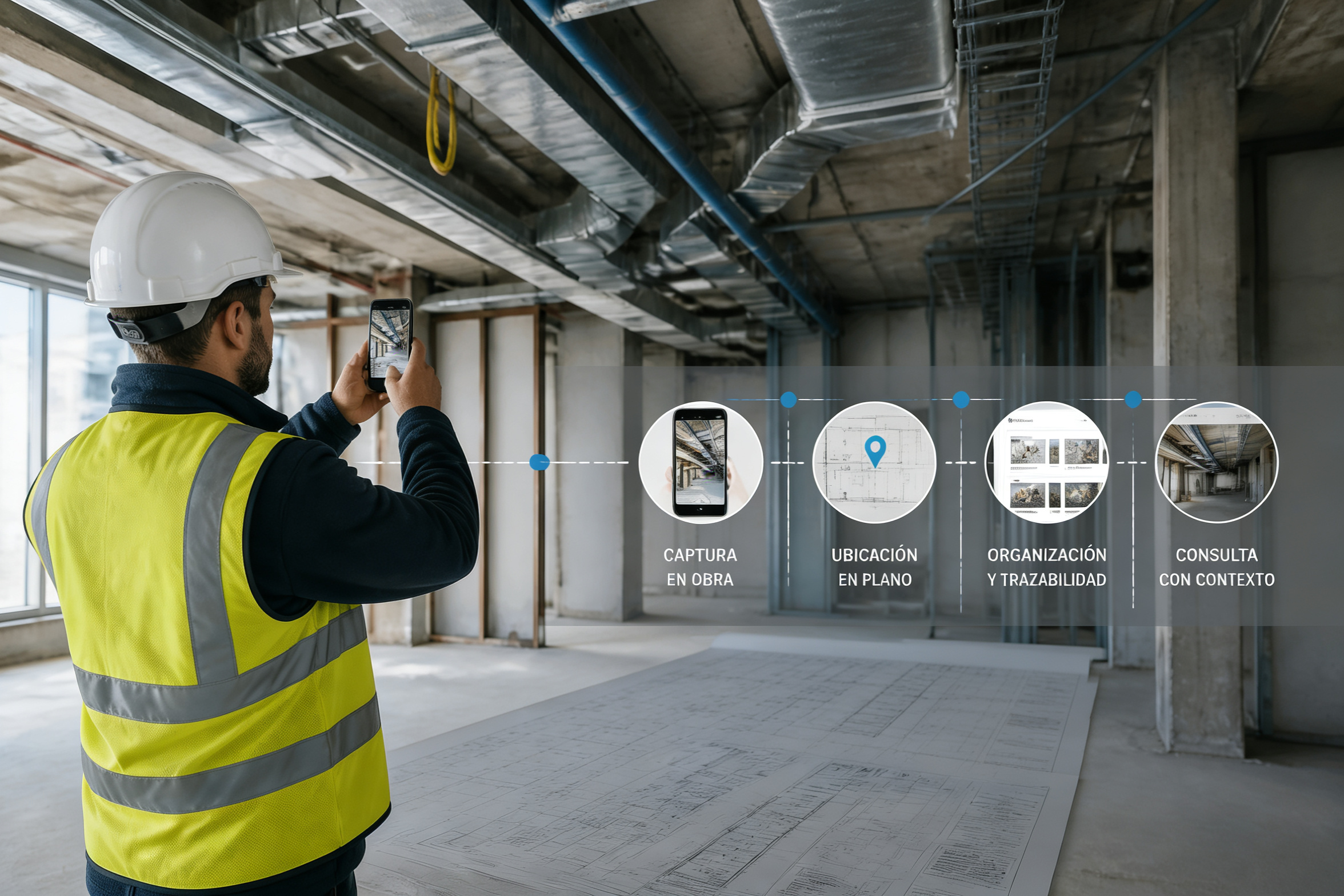Site technician documenting an installation with a smartphone while the Pic on Site workflow shows capture, placement on a drawing, organization, and context-aware retrieval.
