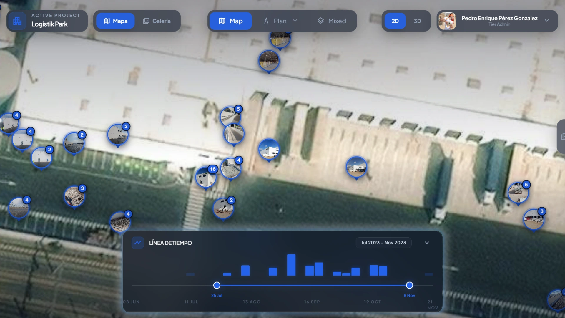 Vista de mapa con marcadores fotográficos y línea temporal de visitas